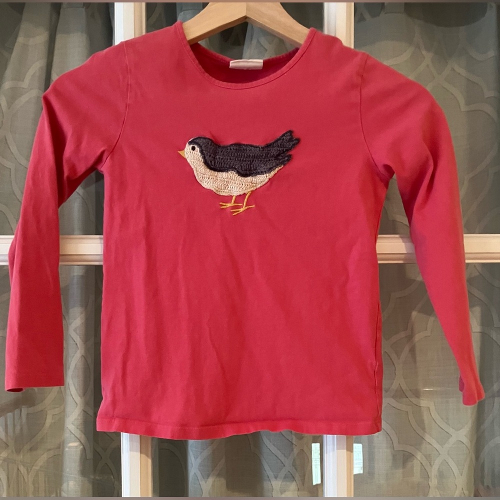 Mini Boden sz 5-6 Dark Pink Bird Embroidered 100% Cotton Long Sleeve Top EUC